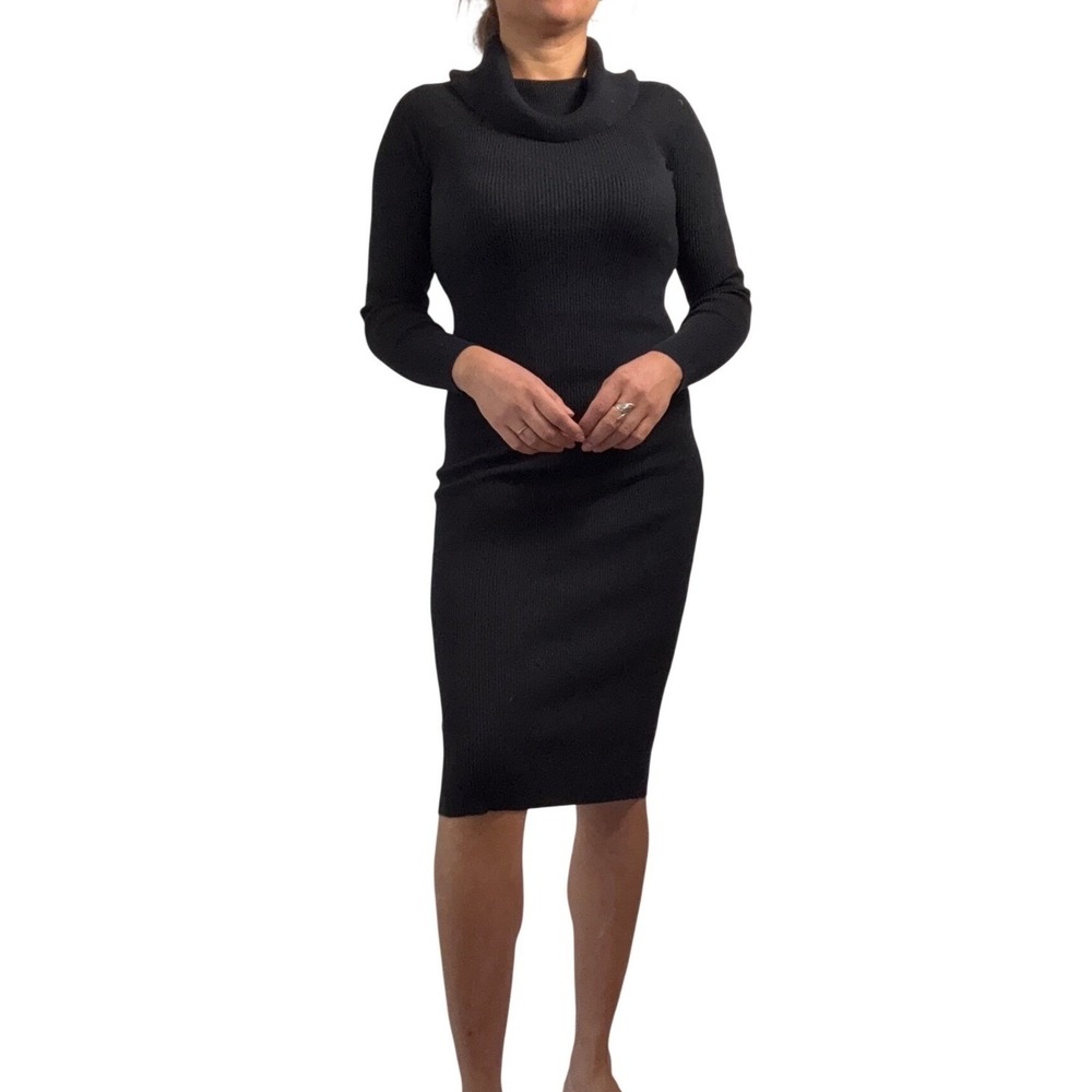 INTempo Black Ribbed Knit Cowl‎ Neck Long Sleeve Midi Sweater Dress Size S